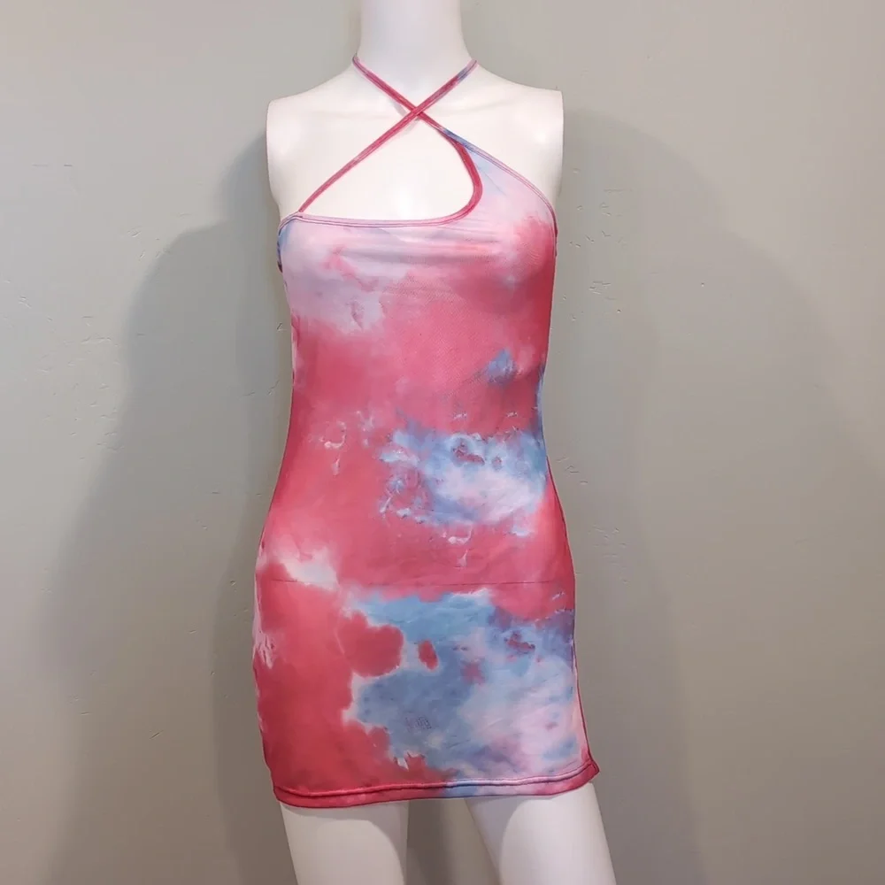 SHEIN Sheer Mesh Blue And Pink Tie Dye Slit Side Criss Cross Strap Mini Coverup